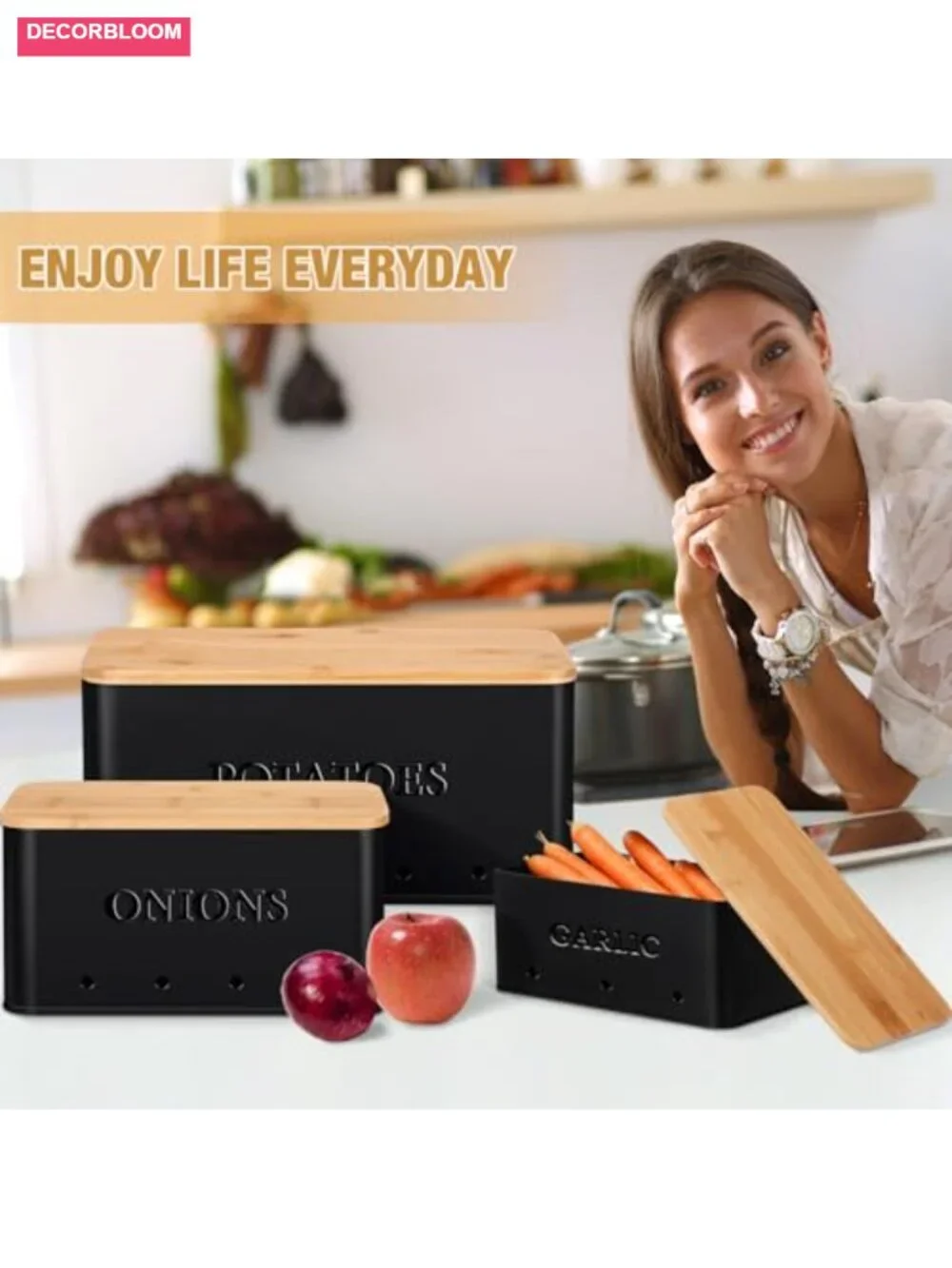 Metal Vegetable Storage Bins with Bamboo Handles Set of 3 Potato Onion Garlic